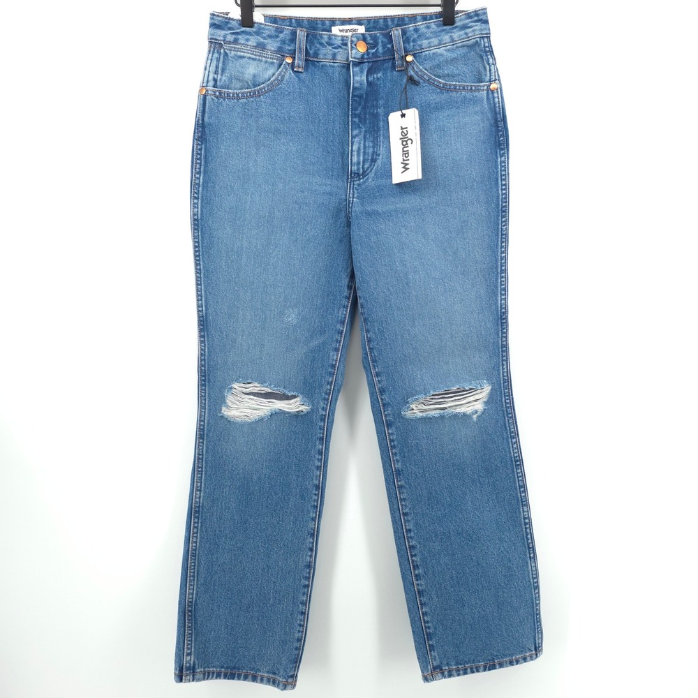Wrangler Wild West 603 Women High Rise Straight Jeans 29 Blue Distressed - NWT